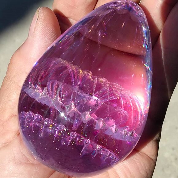 Pink/Purple Delicately Controlled Bubble Iridescent Flake Egg Shaped Art Glass - Picture 5 of 7